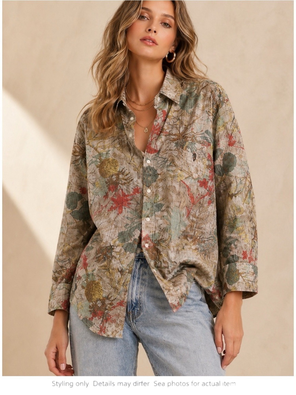 Artsy Neutral Floral Oversized Button Up Shirt Boho Minimalist M L